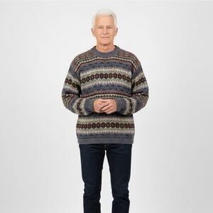 Men's Vintage Geometric Pure Wool Sweater Multicolor Patterned Crew Neck size‎ M